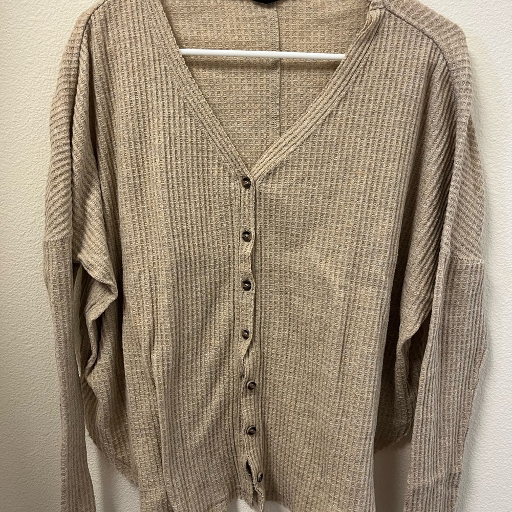 Urban Outfitters Oversized Waffle Knit Button-Front Sweater Cardigan in Beige